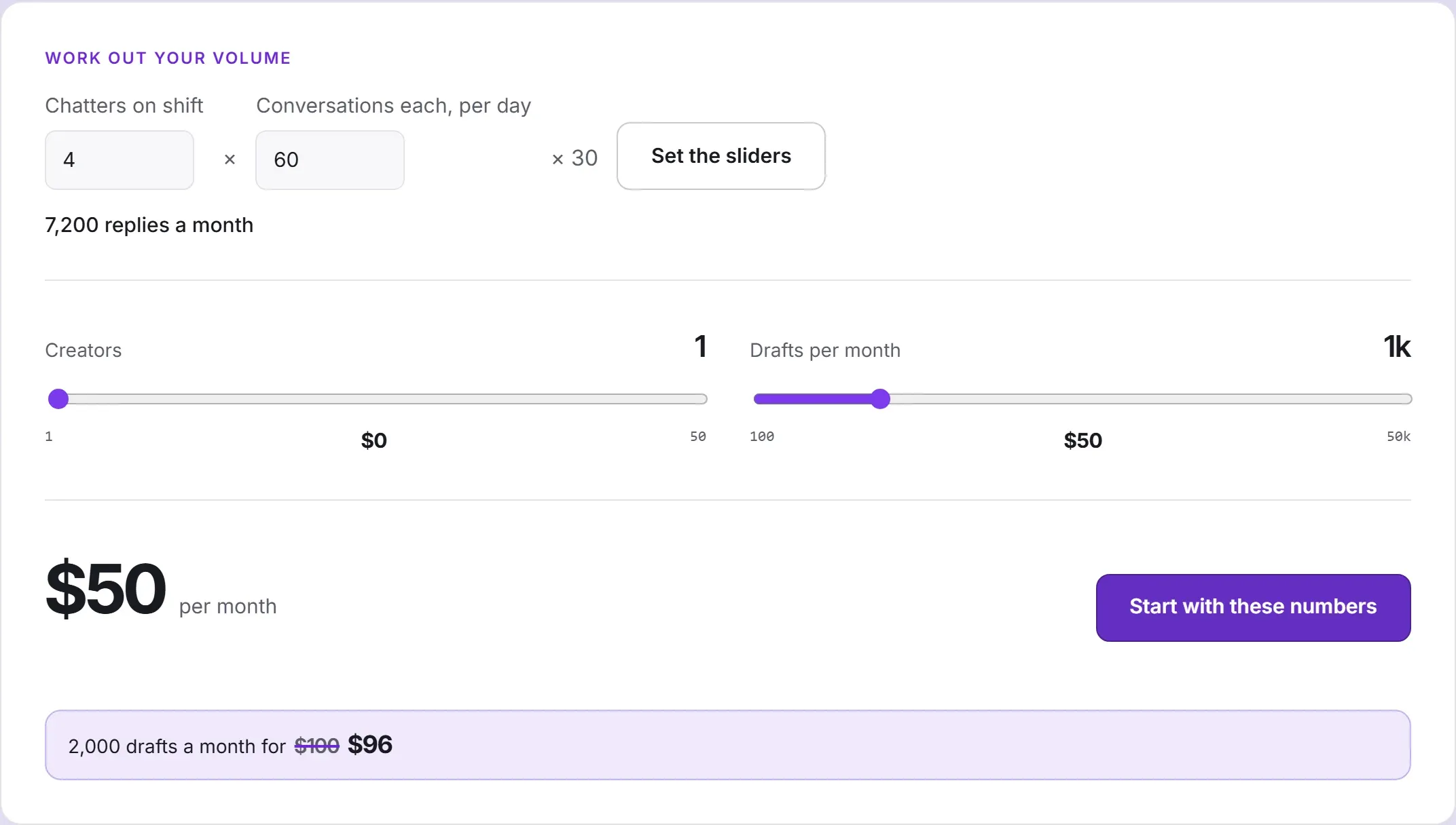 The price calculator: chatters on shift times conversations per day, then two sliders for creators and drafts per month, and the monthly price