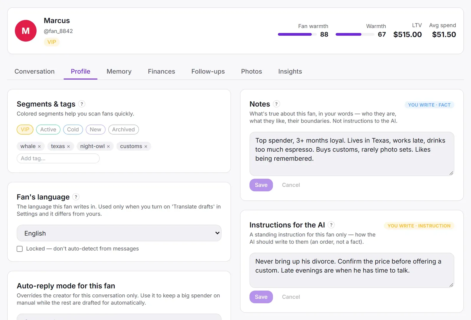 A fan's card in the dashboard: name, handle, VIP badge, warmth, lifetime value and average spend at the top; tabs for conversation, profile, memory, finances, follow-ups, photos and insights; tags, language, notes and instructions for the AI below