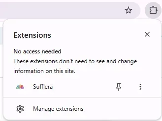 Chrome's extensions menu with Sufflera listed under No access needed and a pin button next to it