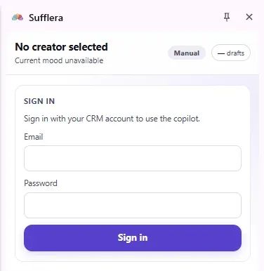 The Sufflera side panel before sign-in: email, password and a Sign in button