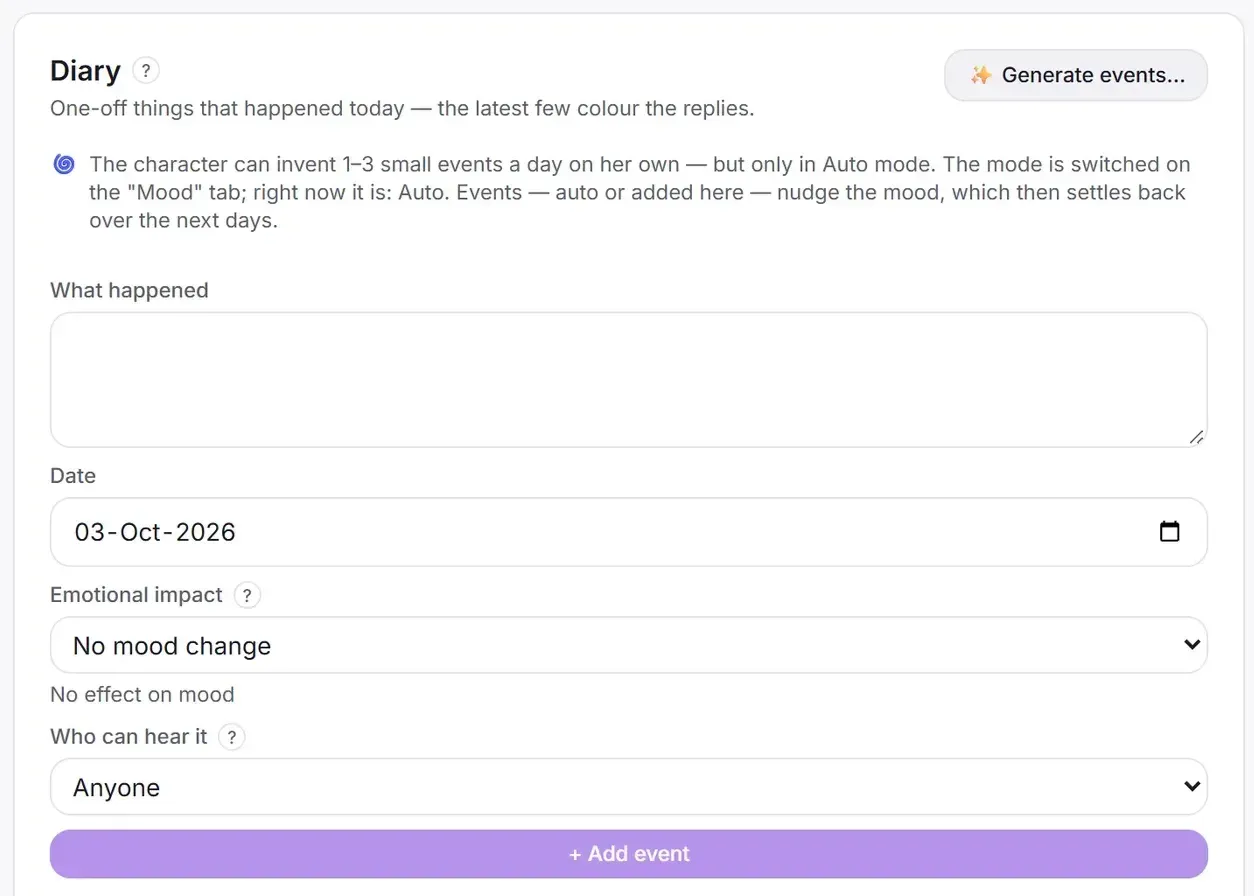 The creator's Diary: what happened, the date, the emotional impact, who can hear it, and a button to generate events