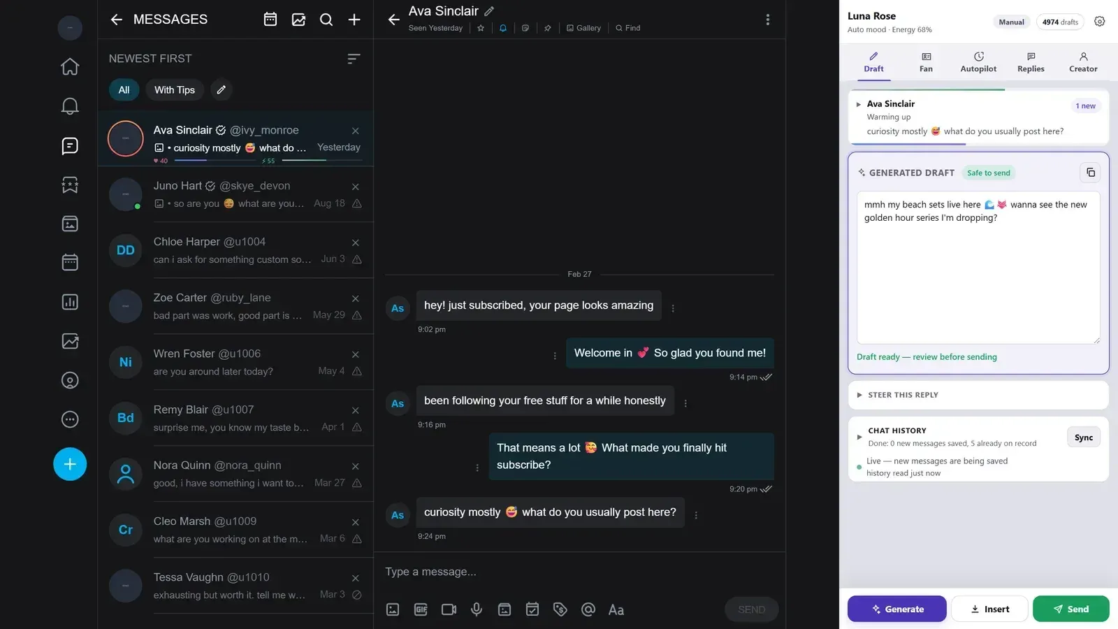 A platform inbox with a conversation open and the side panel beside it, holding the first draft reply