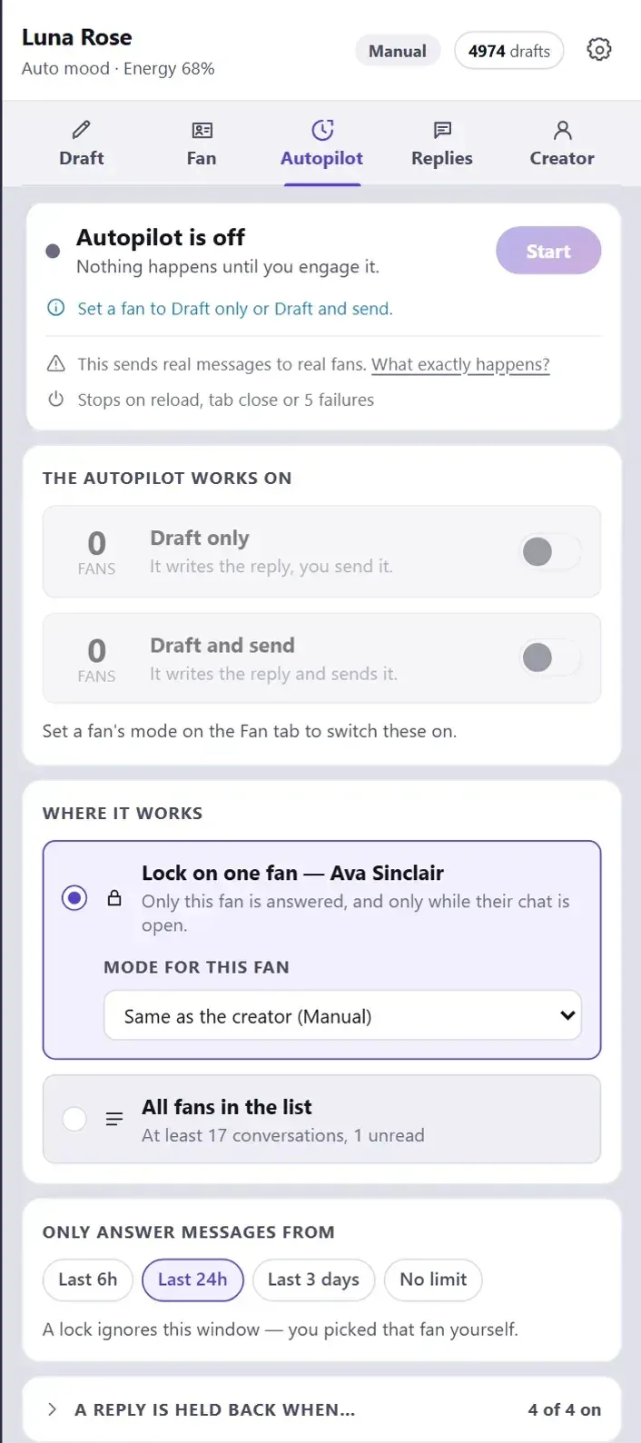 The panel's Autopilot tab: the autopilot is off, which fans it may serve, and where it works