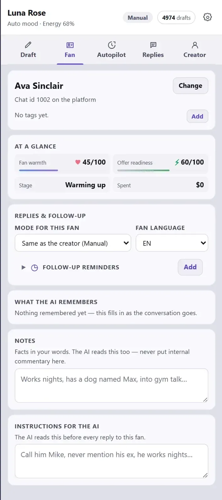 The panel's Fan tab: warmth, offer readiness, stage, money spent, reply mode, notes and instructions for the AI