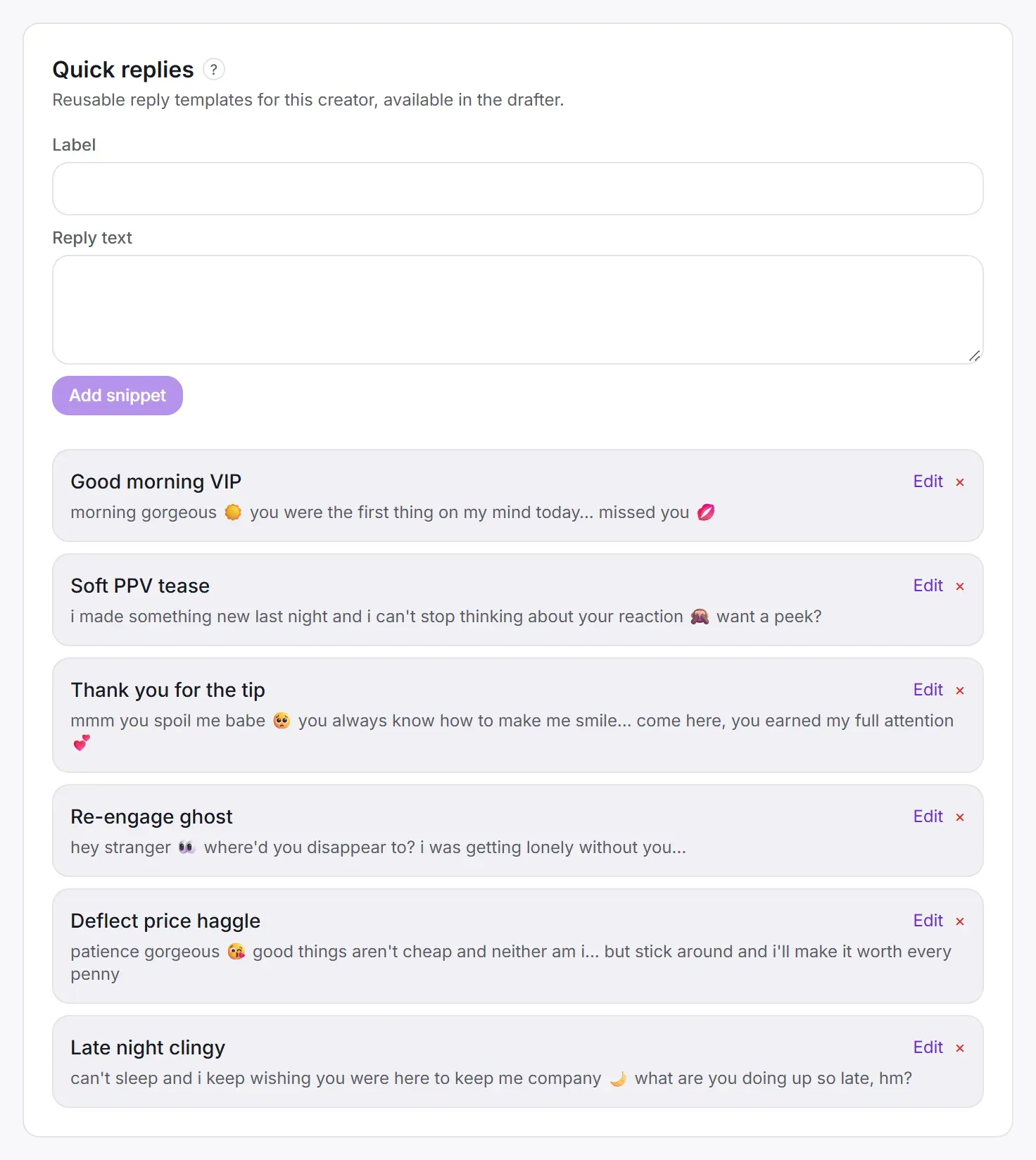 Quick replies in a creator's settings: a form to add one, and six saved replies with a label and the text