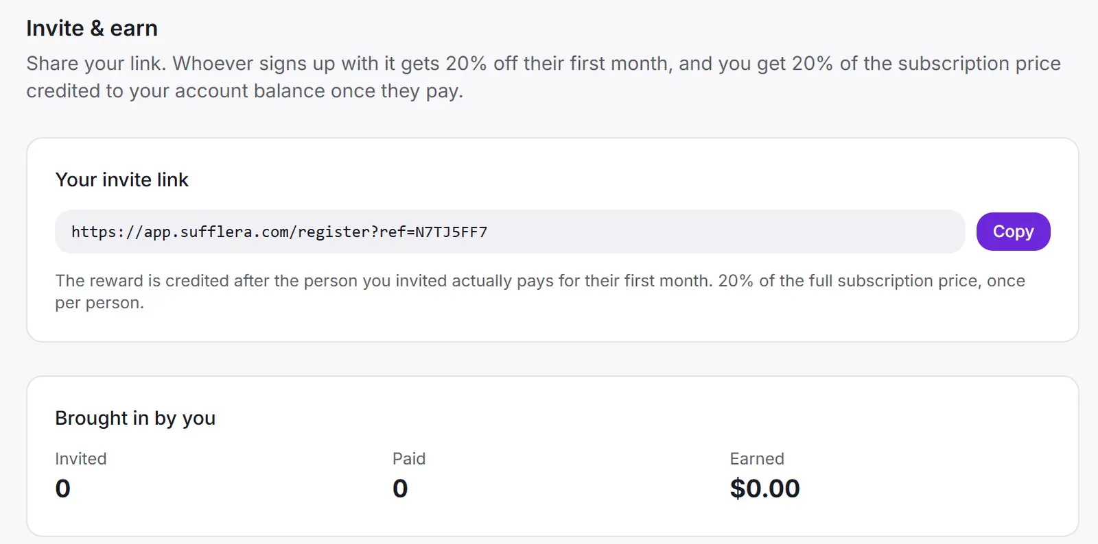 Settings, Referrals: the invite link with a Copy button, a note on when the reward is credited, and counters for invited, paid and earned