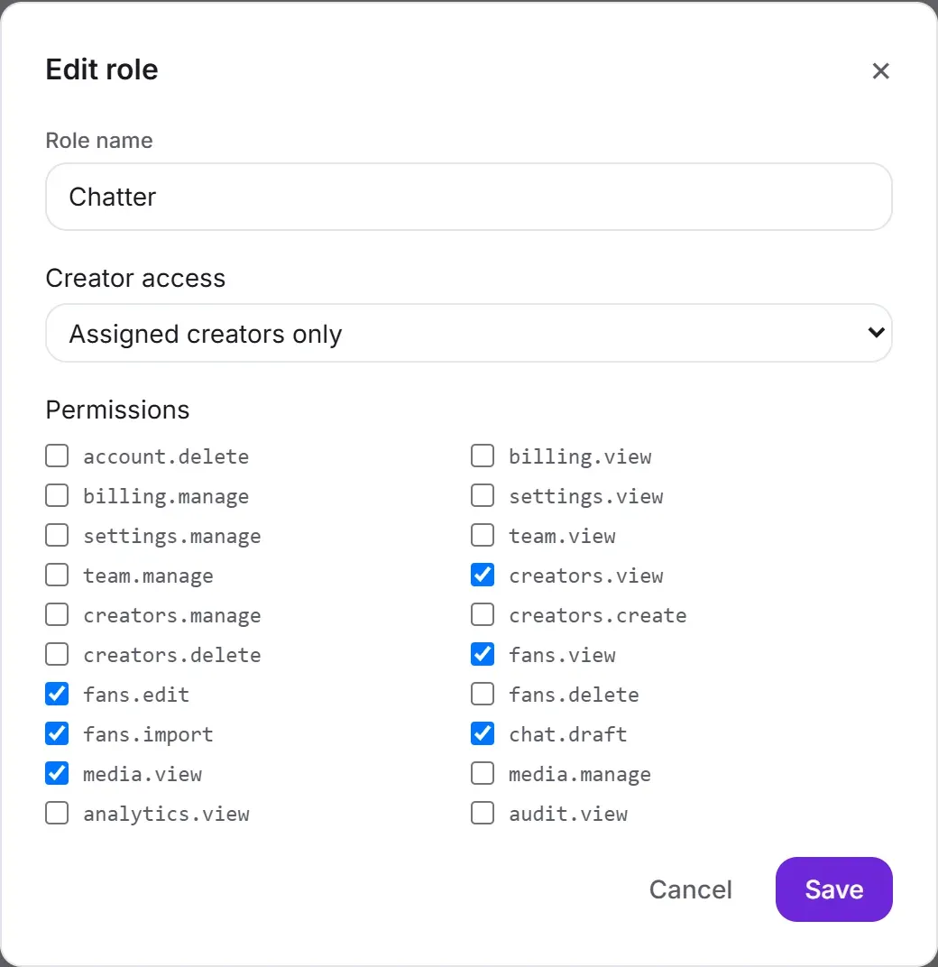 The Chatter role in the editor: creator access set to assigned creators only, with permissions to view creators and fans, edit and import fans, view media and draft replies