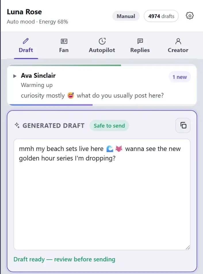 The panel's Draft tab: the fan's last message and a generated draft marked safe to send