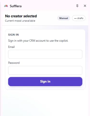 The extension's side panel before sign-in: email, password and a Sign in button