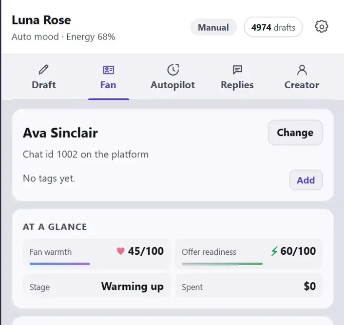 The panel's Fan tab: the fan's name, warmth, offer readiness, stage and money spent