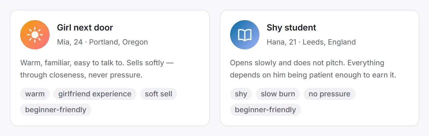Two cards in the template gallery: Girl next door and Shy student, each with a short description and tags