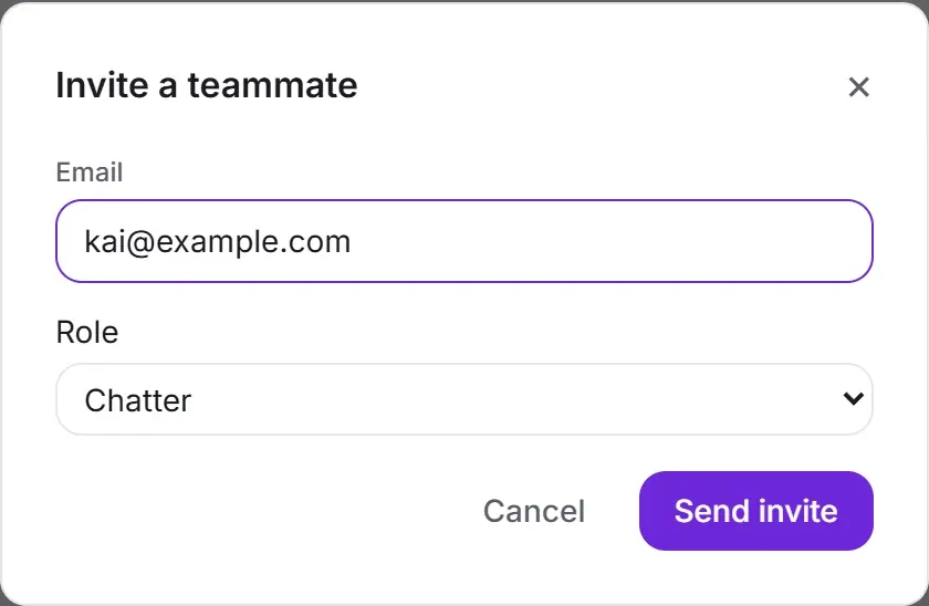 The invite dialog: an email address and the role Chatter selected, with Cancel and Send invite