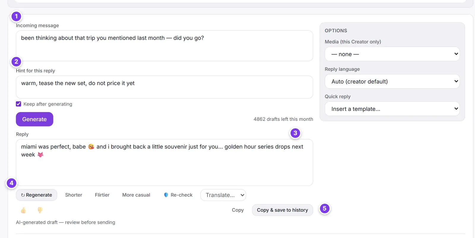 The drafting screen in the dashboard: the fan's message, a hint for this reply, the generated reply, buttons to regenerate or make it shorter, flirtier or more casual, and thumbs up or down